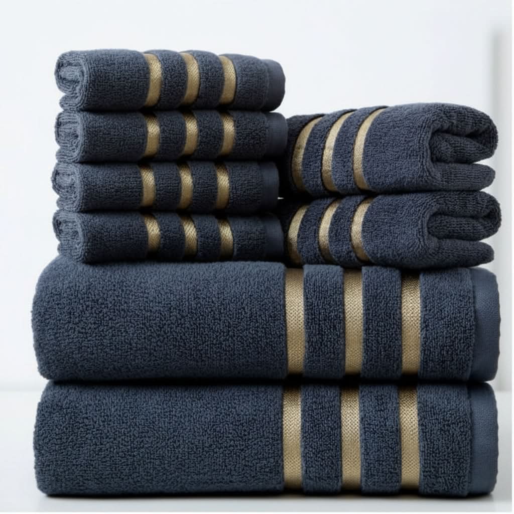 Bath Towel Set with Terry Cloth Gold Stripes and Woven Border 8-Piece - Image 6