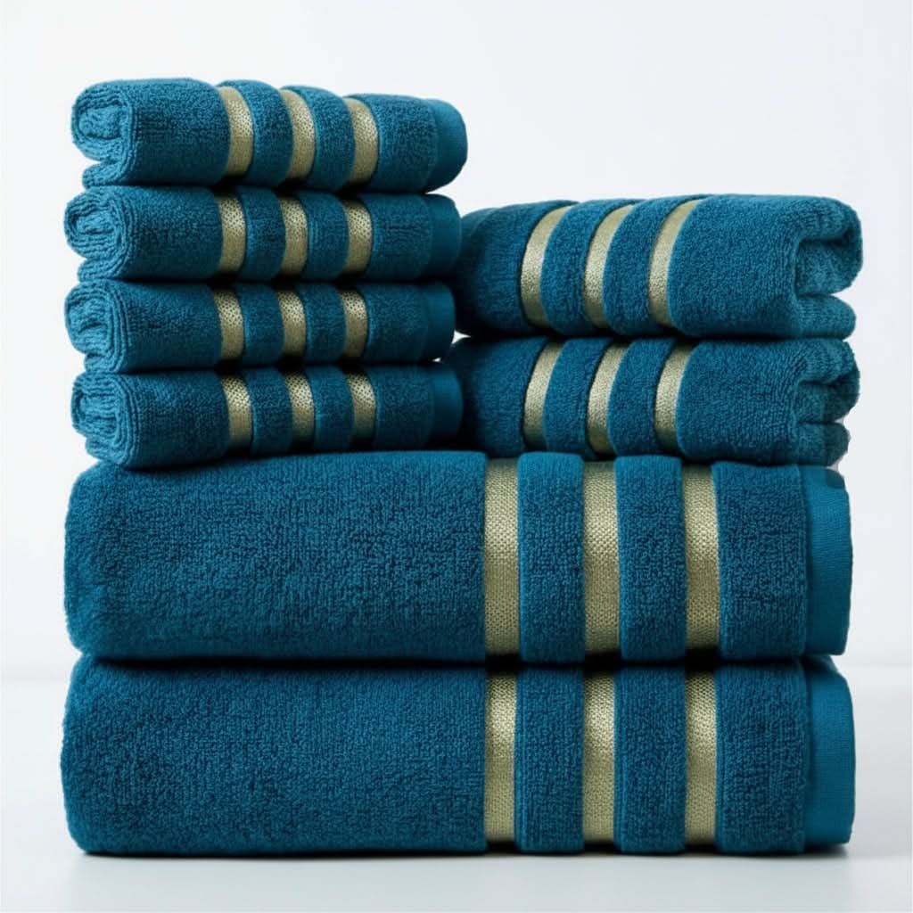 Bath Towel Set with Terry Cloth Gold Stripes and Woven Border 8-Piece - Image 7