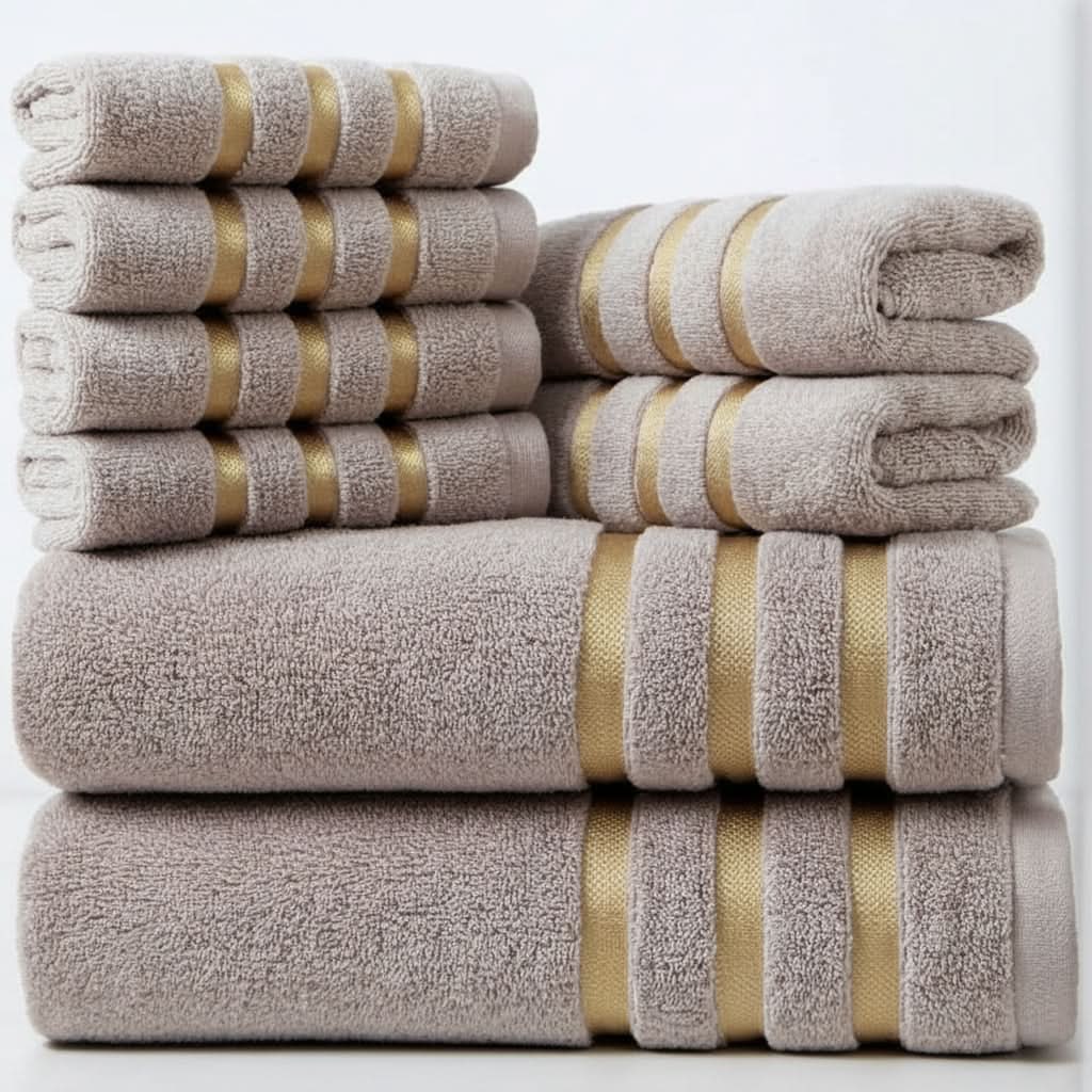 Bath Towel Set with Terry Cloth Gold Stripes and Woven Border 8-Piece - Image 8