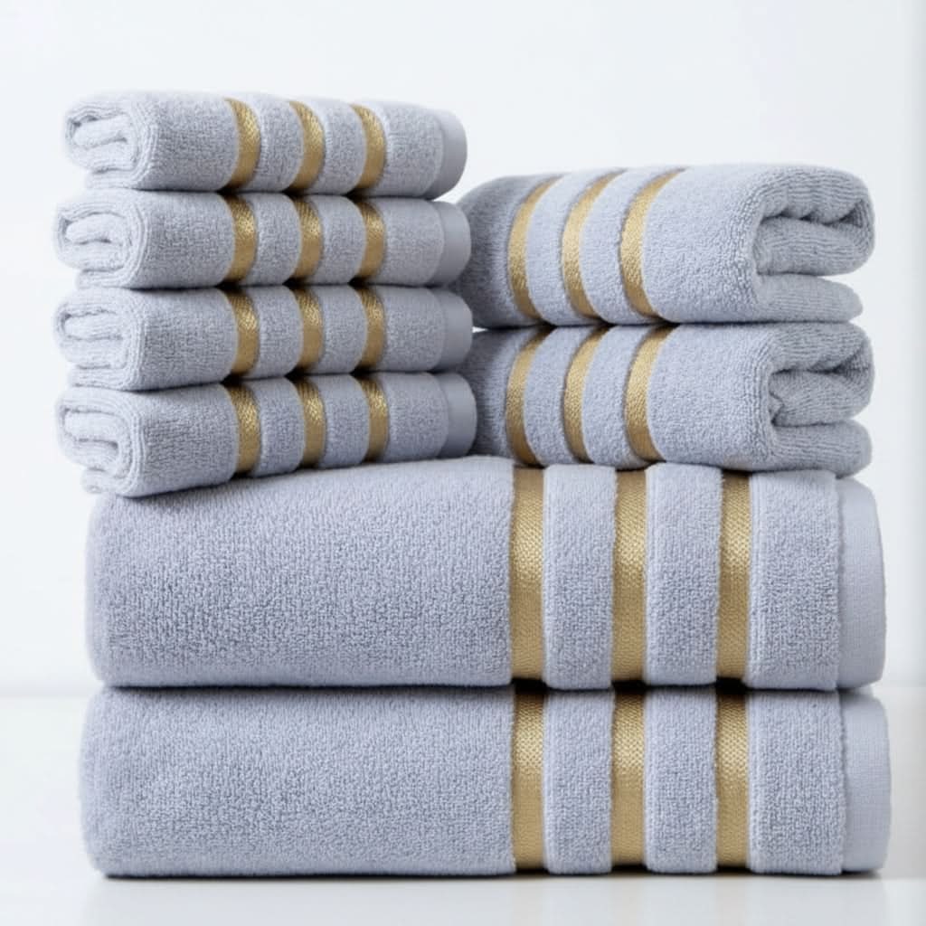 Bath Towel Set with Terry Cloth Gold Stripes and Woven Border 8-Piece - Image 9