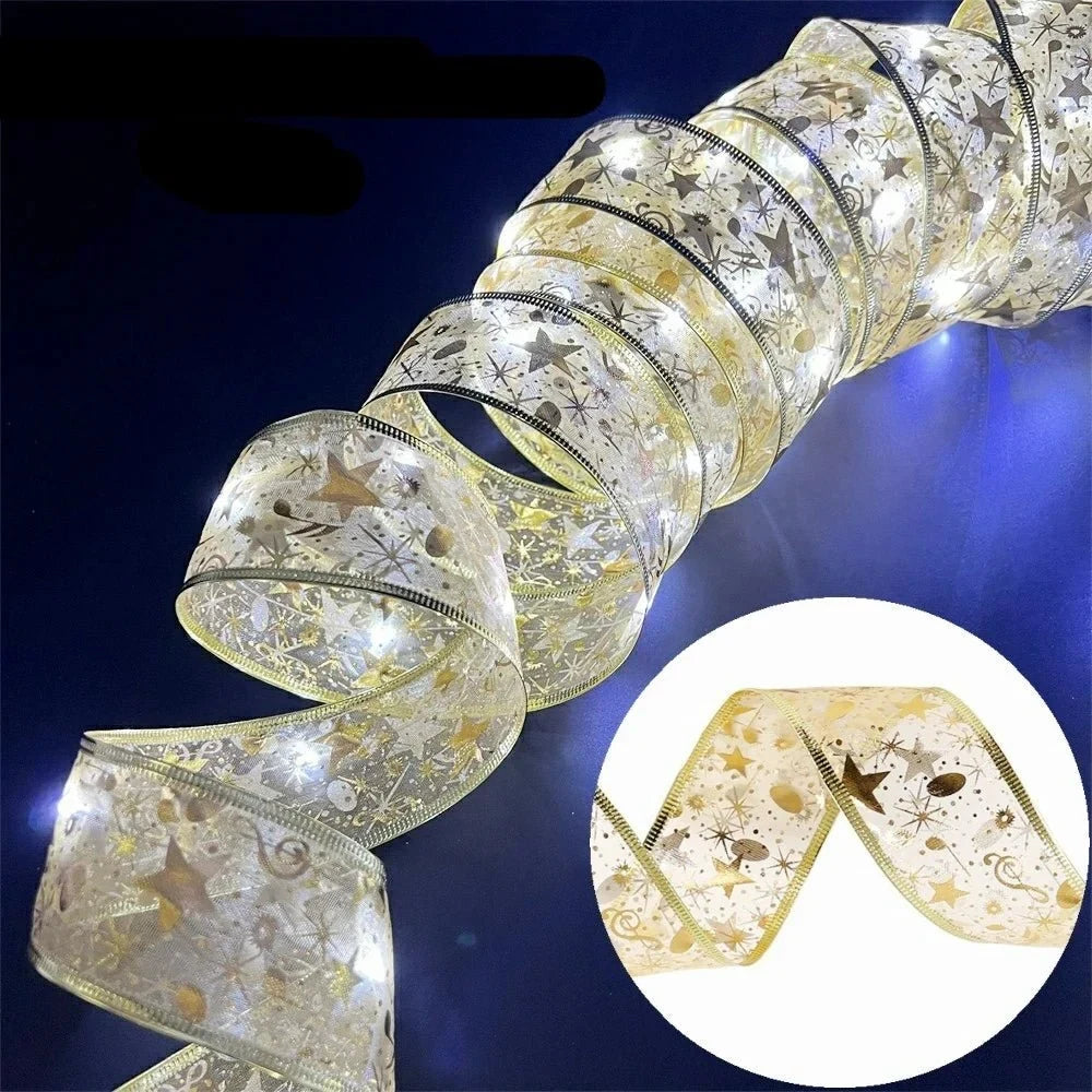 Battery-Operated Christmas Ribbon Bows with LED Fairy Lights and Wired Edges for Tree Decoration - Image 5