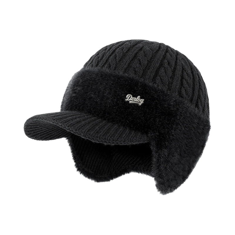 Beanie with Ear Flaps Winter Visor Cable Knit Faux Fur Fleece Lined Hat That Covers - Image 2