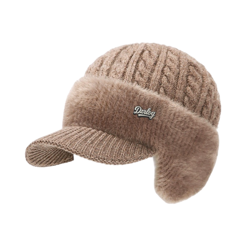 Beanie with Ear Flaps Winter Visor Cable Knit Faux Fur Fleece Lined Hat That Covers - Image 3