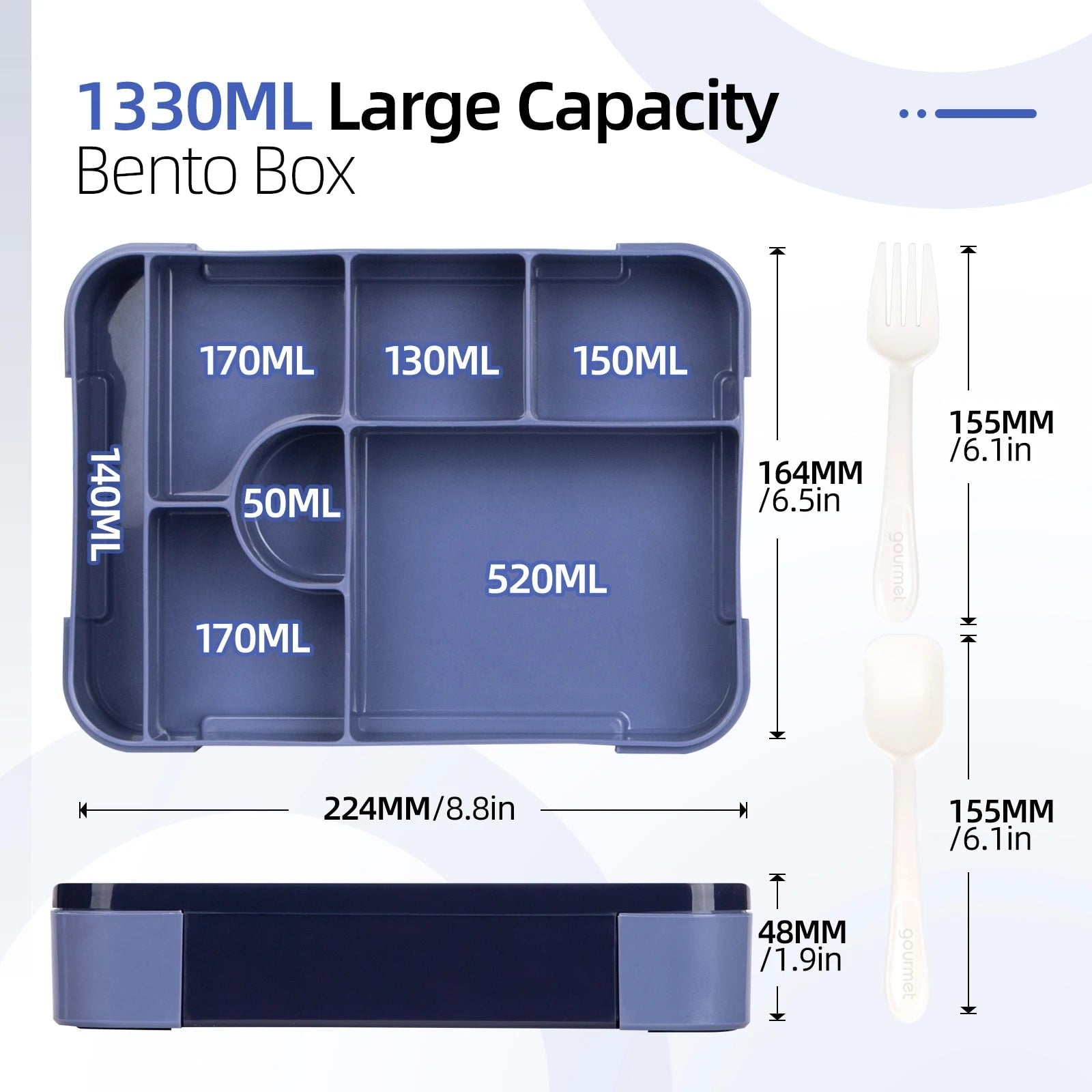 Bento Lunch Box Leak Proof Compartments Cutlery Sauce Container Portable Microwave Safe - Image 3
