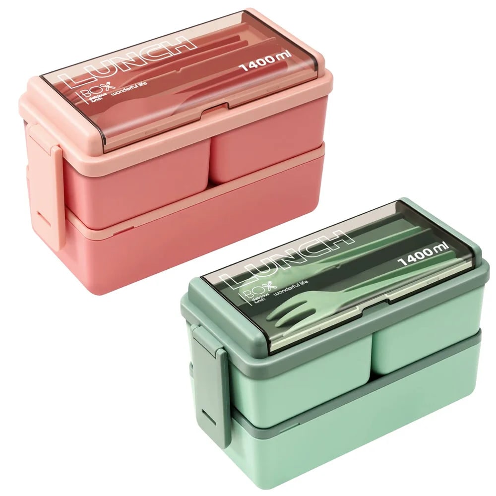 Bento Lunch Box Portable 2 Layer Compartments Cutlery Lockable Travel - Image 1