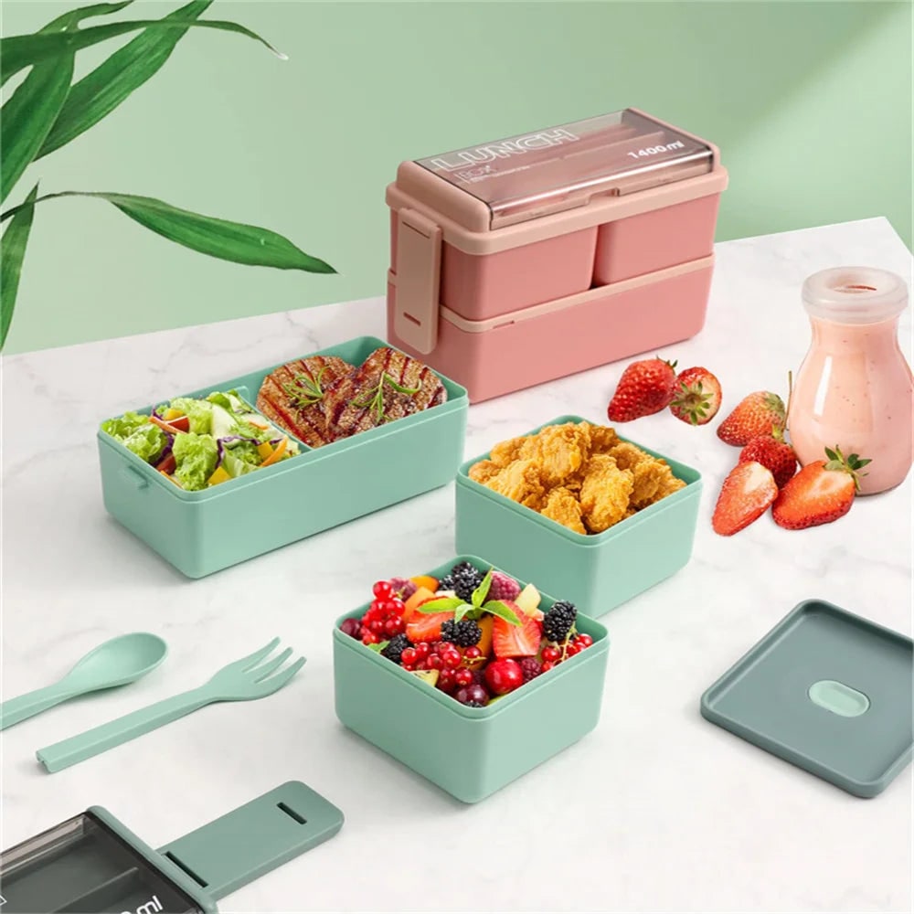 Bento Lunch Box Portable 2 Layer Compartments Cutlery Lockable Travel - Image 8