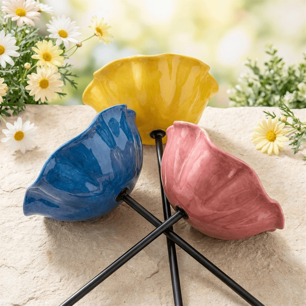 Bird Bath Flower-Shaped Ceramic with Metal Ground Stake for Garden Décor - Image 1