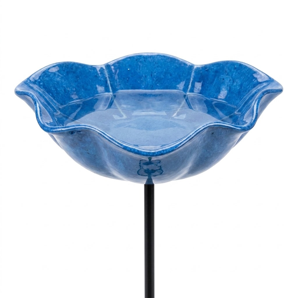 Bird Bath Flower-Shaped Ceramic with Metal Ground Stake for Garden Décor - Image 3