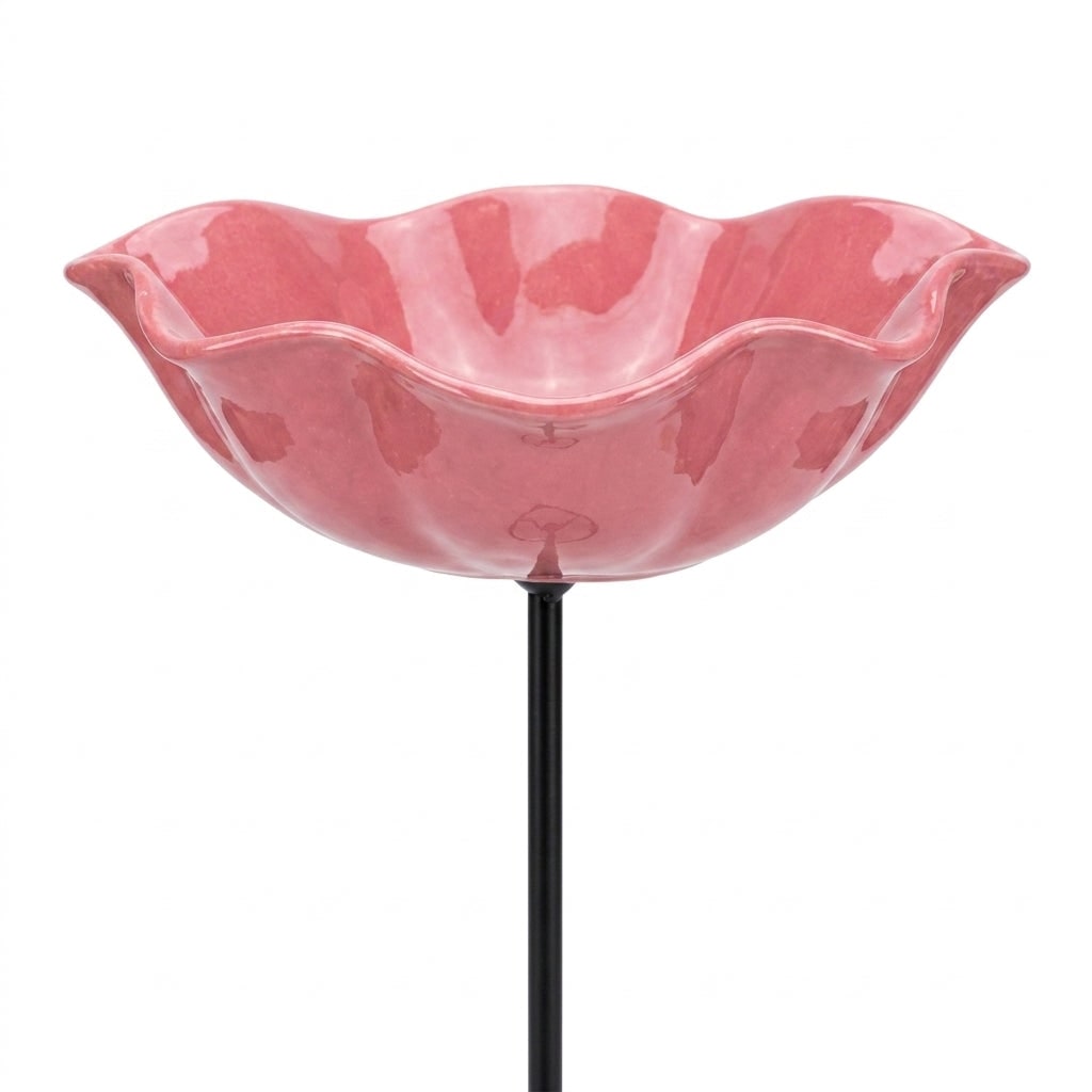 Bird Bath Flower-Shaped Ceramic with Metal Ground Stake for Garden Décor - Image 4