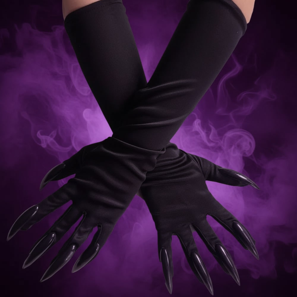 Black Elbow Length Claw Gloves for Halloween Witch Costume - Image 1