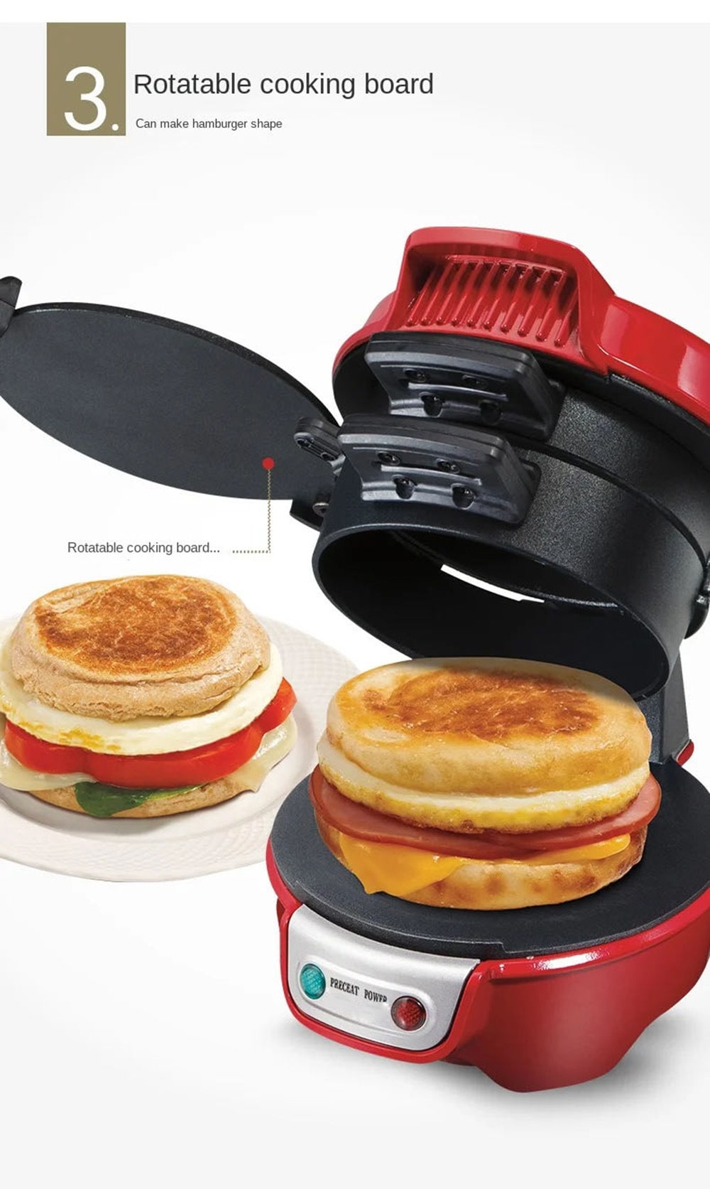 Breakfast Sandwich Maker and Panini Press Machine with Non-Stick Plates and Egg - Image 15
