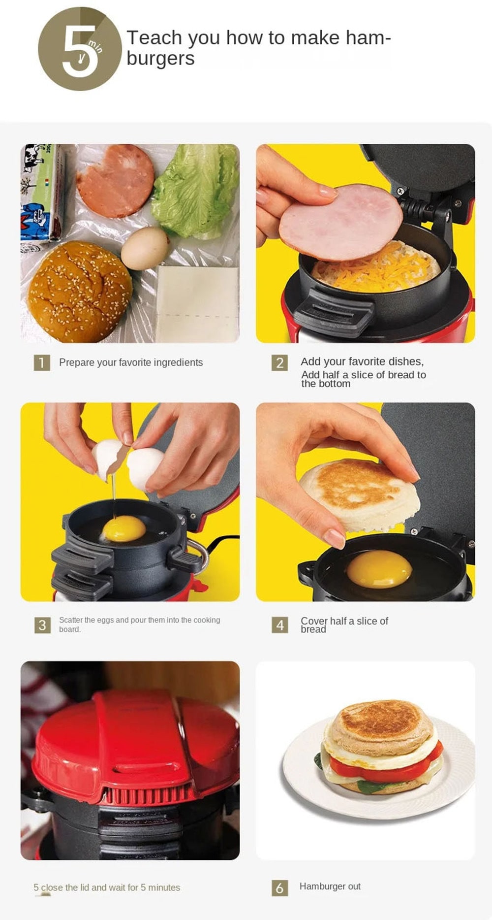 Breakfast Sandwich Maker and Panini Press Machine with Non-Stick Plates and Egg - Image 3
