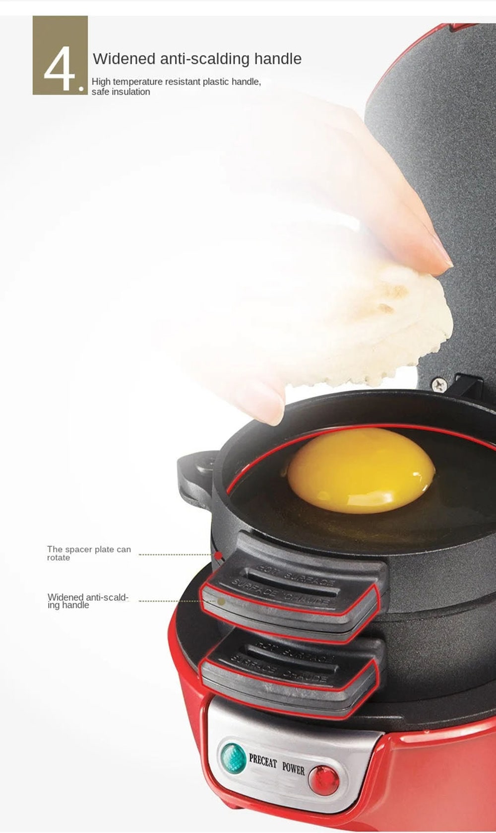 Breakfast Sandwich Maker and Panini Press Machine with Non-Stick Plates and Egg - Image 8