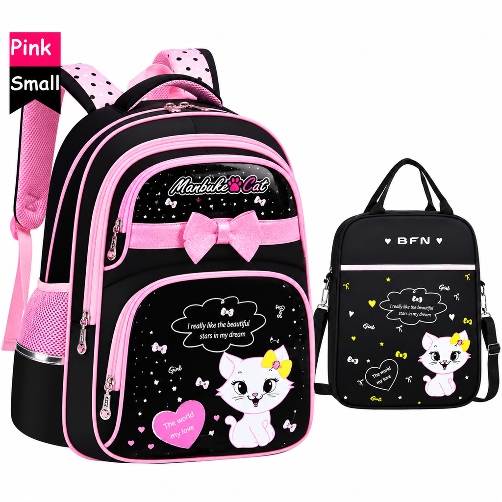 Ensemble de sac à dos pour boîte à lunch d’enfant avec trousse assortie, imprimé chat cartoon, imperméable, combinaison sac et trousse