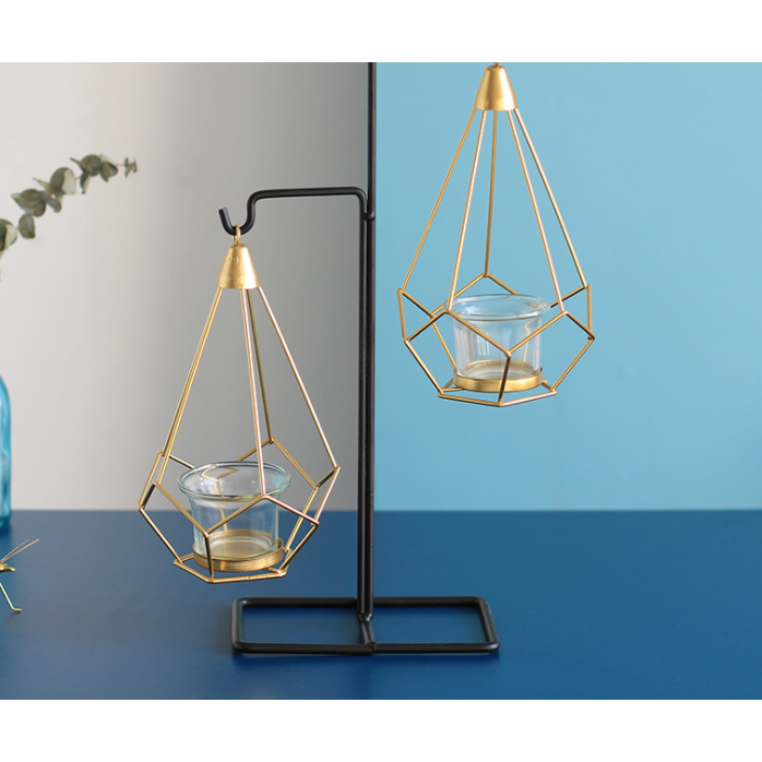 Candle Holder and Tealight with Modern Geometric Metal Frame and Gold Wire Cages - Image 1