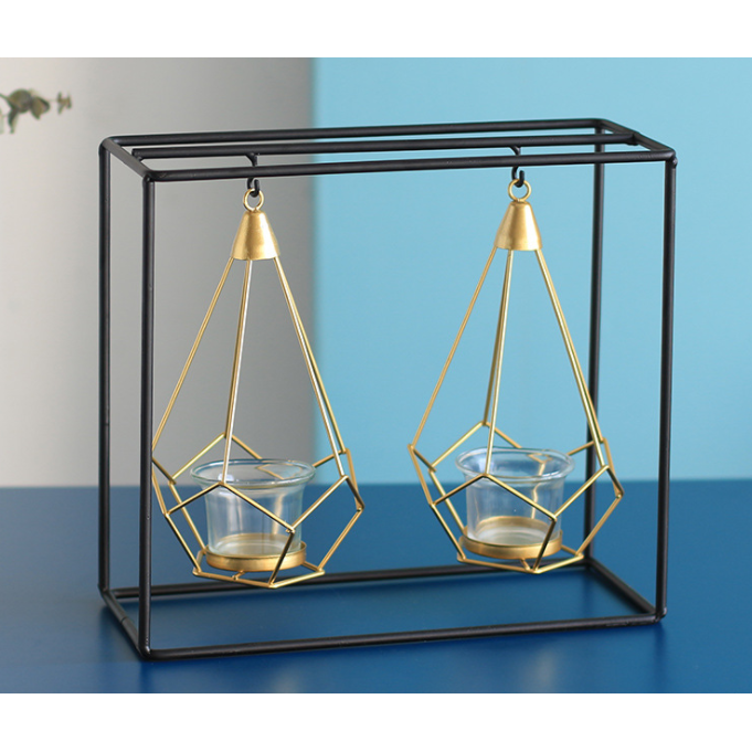 Candle Holder and Tealight with Modern Geometric Metal Frame and Gold Wire Cages - Image 3
