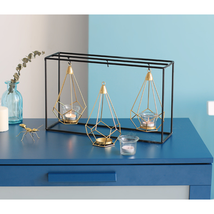 Candle Holder and Tealight with Modern Geometric Metal Frame and Gold Wire Cages - Image 4