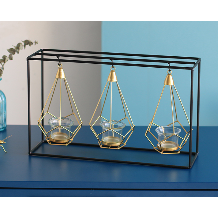 Candle Holder and Tealight with Modern Geometric Metal Frame and Gold Wire Cages - Image 5