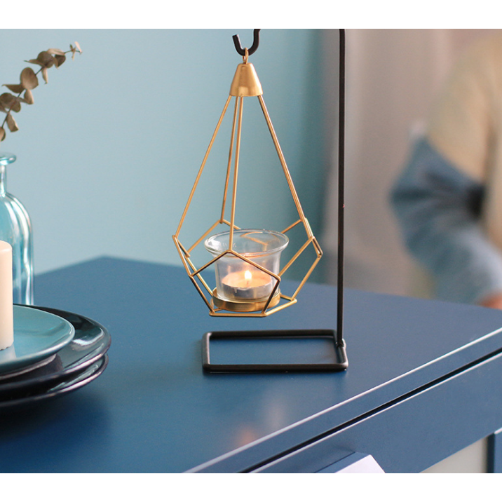 Candle Holder and Tealight with Modern Geometric Metal Frame and Gold Wire Cages - Image 6