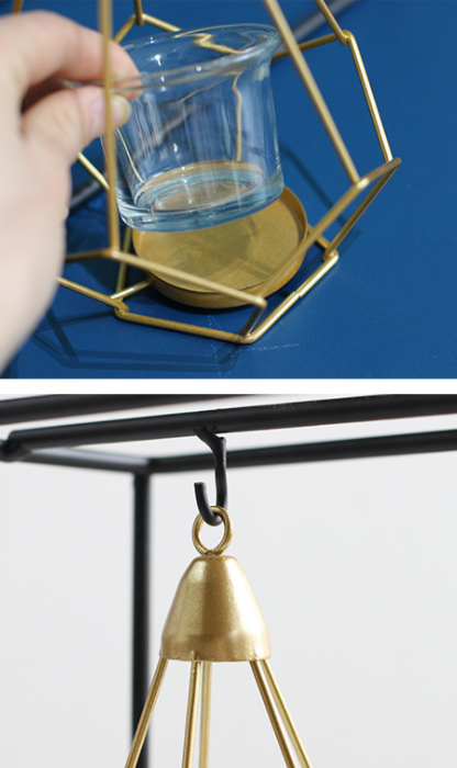 Candle Holder and Tealight with Modern Geometric Metal Frame and Gold Wire Cages - Image 7
