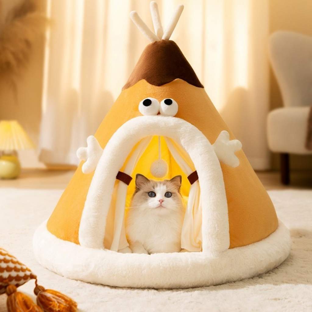 Cat Bed Tent with Plush Fleece Hanging Toy and Removable Cushion Outdoor Home - Image 1