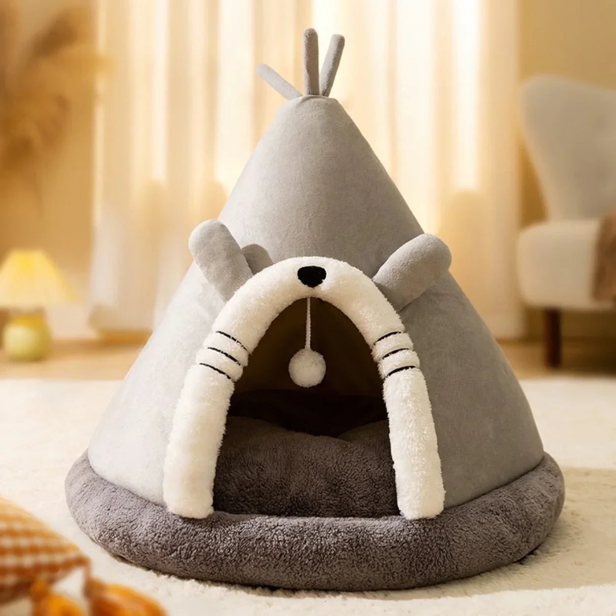 Cat Bed Tent with Plush Fleece Hanging Toy and Removable Cushion Outdoor Home - Image 6