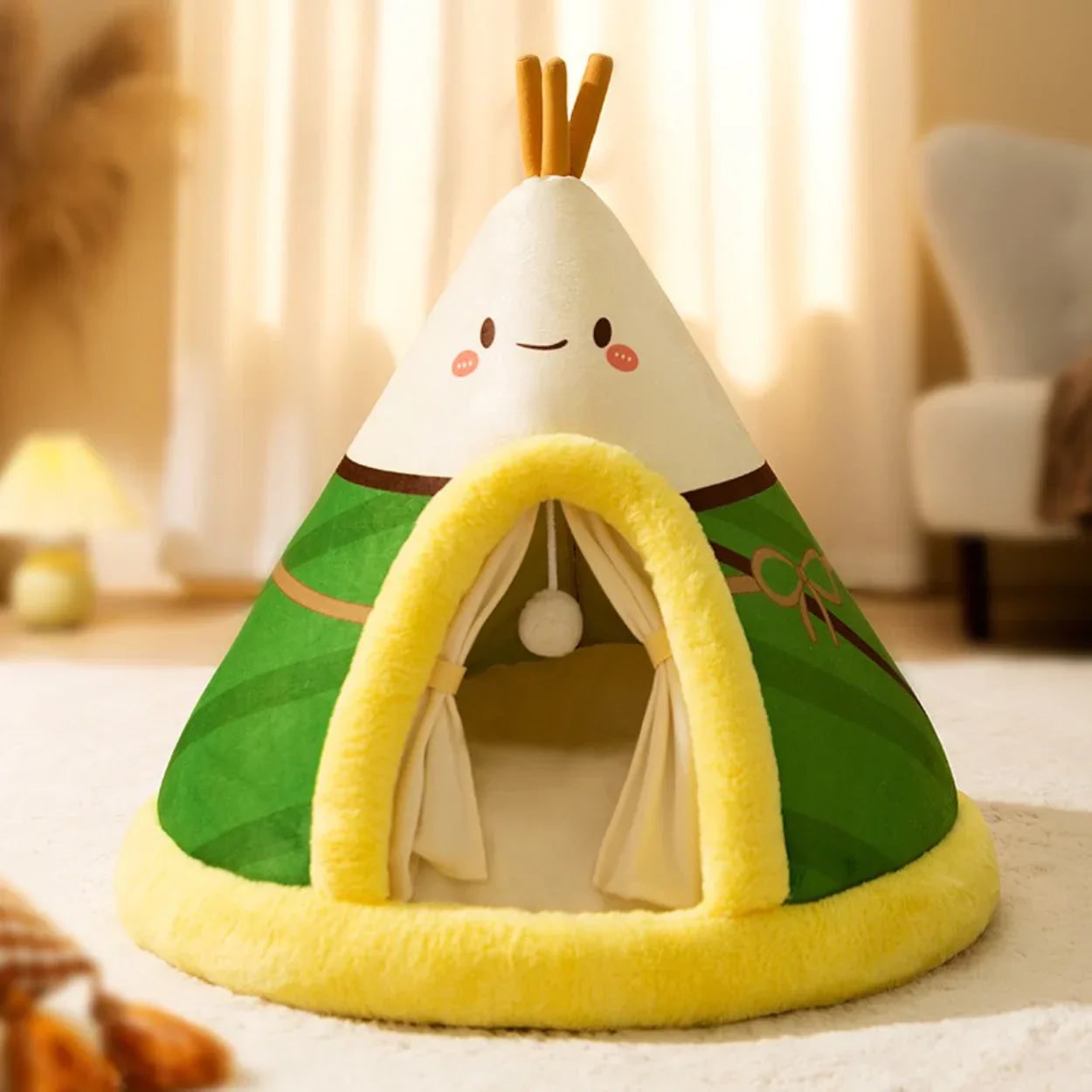 Cat Bed Tent with Plush Fleece Hanging Toy and Removable Cushion Outdoor Home - Image 7