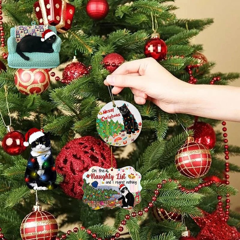 Cat Christmas Ornament with Flat Acrylic Design and Gold Hanging String for Tree Decoration - Image 1