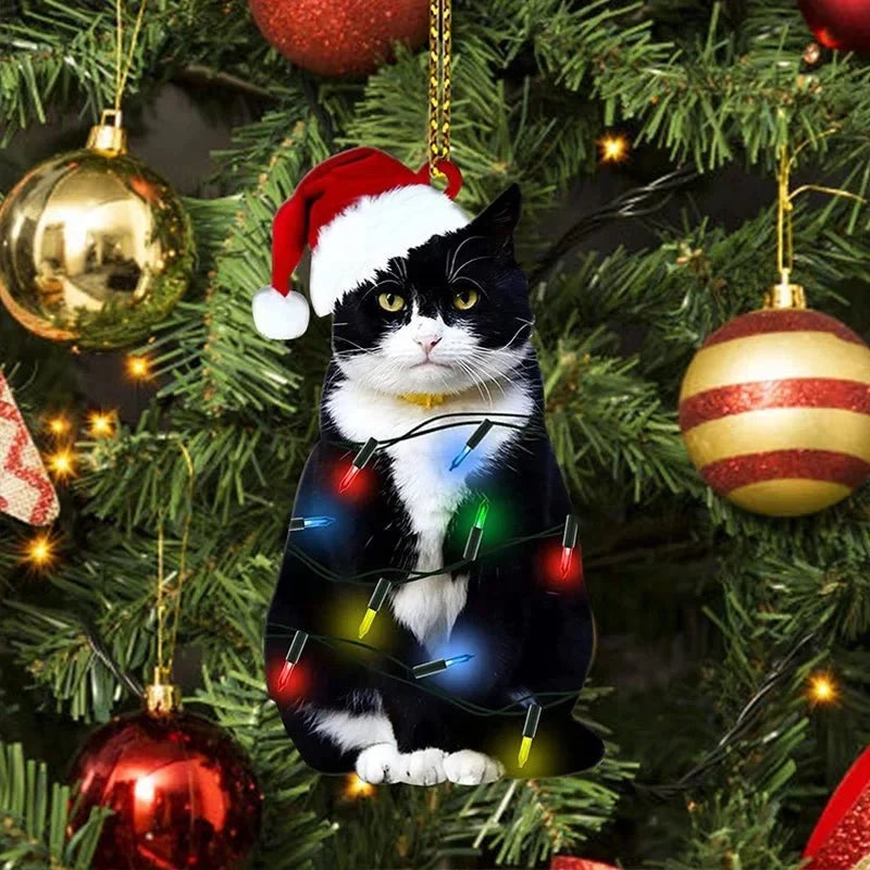 Cat Christmas Ornament with Flat Acrylic Design and Gold Hanging String for Tree Decoration - Image 2