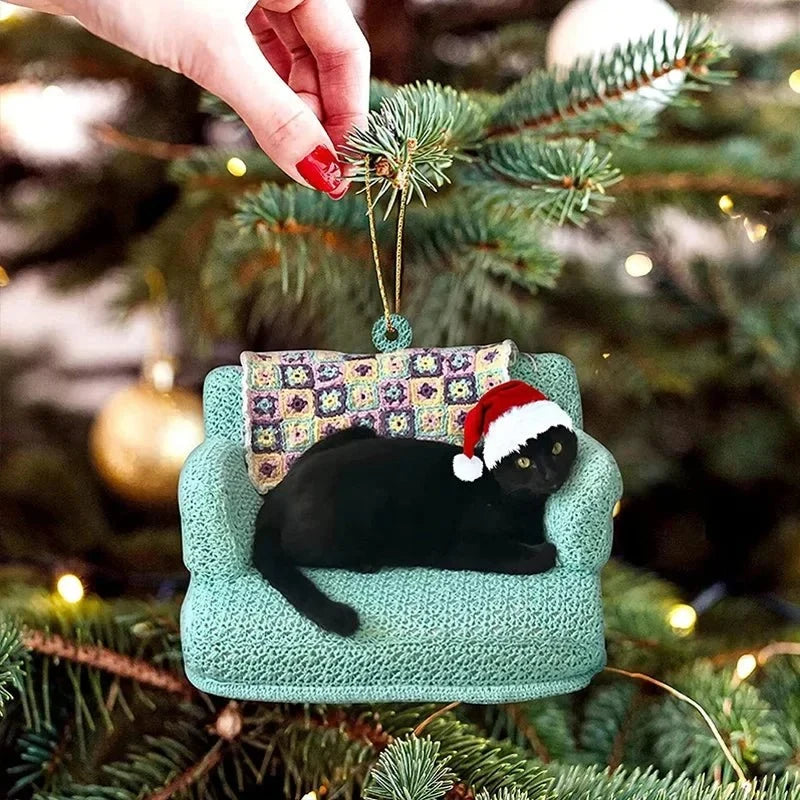 Cat Christmas Ornament with Flat Acrylic Design and Gold Hanging String for Tree Decoration - Image 3