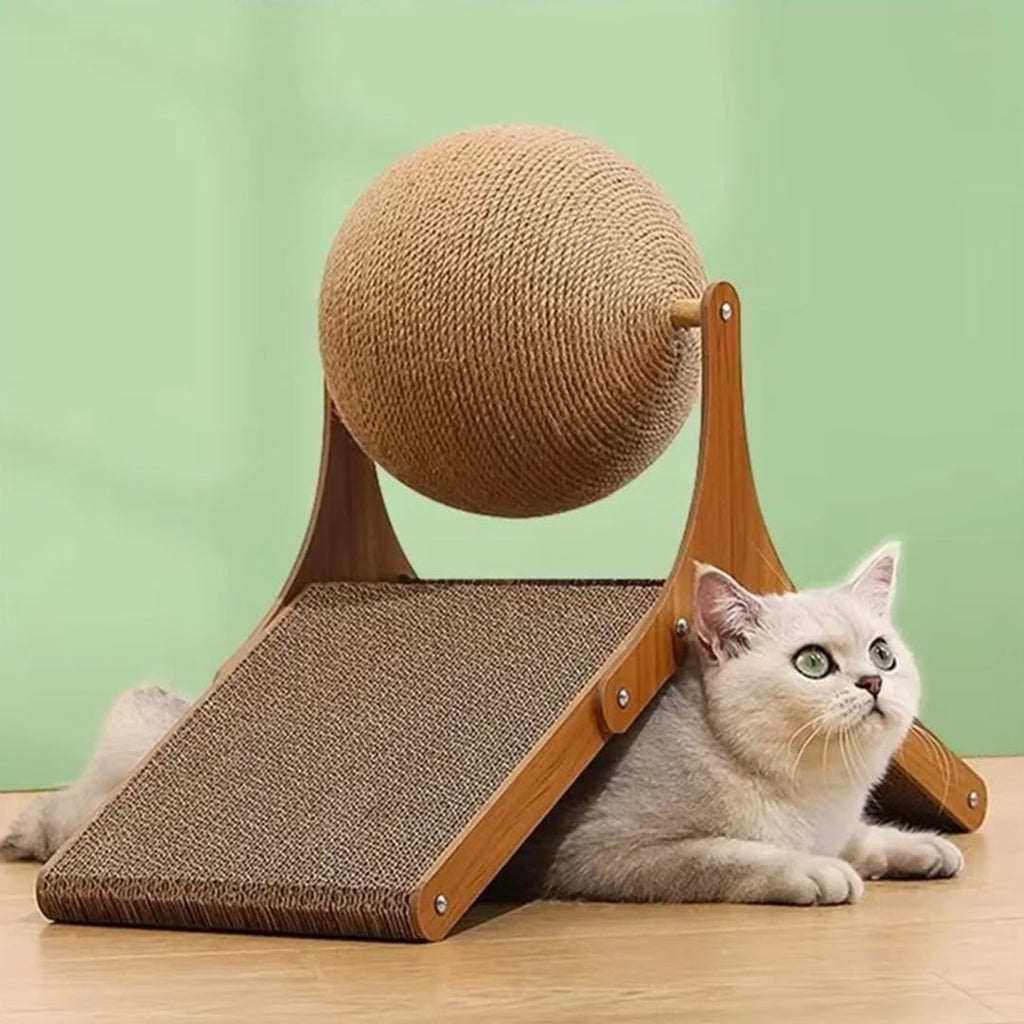 Cat Scratching Post Ball Toy Cardboard Ramp Sisal Wood Base - Image 2