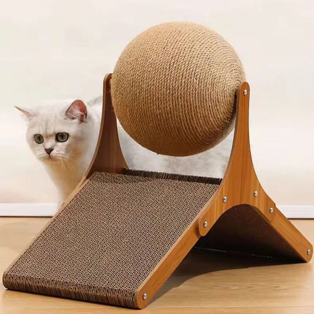 Cat Scratching Post Ball Toy Cardboard Ramp Sisal Wood Base - Image 3