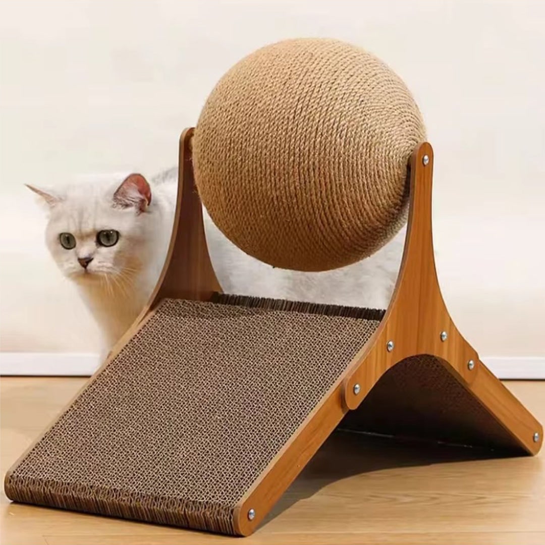 Cat Scratching Post Ball Toy Cardboard Ramp Sisal Wood Base - Image 3