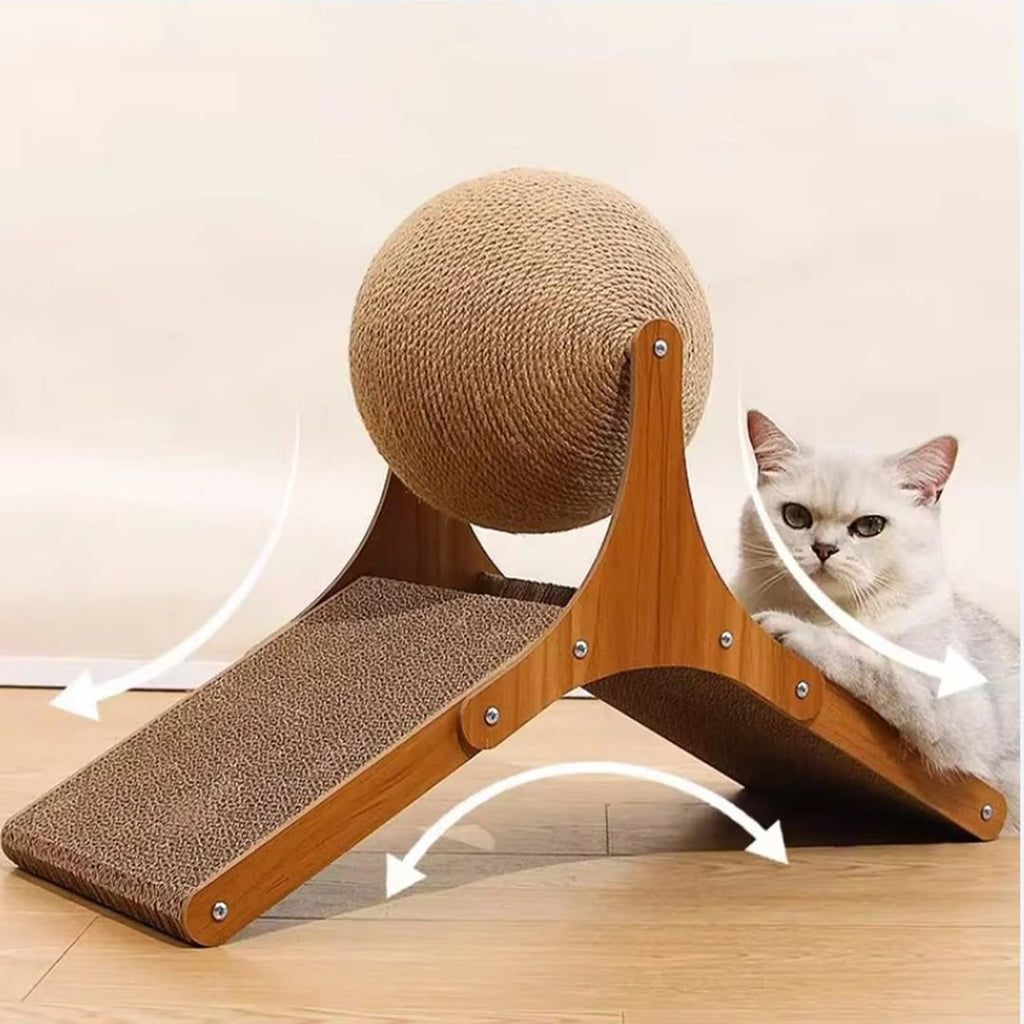Cat Scratching Post Ball Toy Cardboard Ramp Sisal Wood Base - Image 4