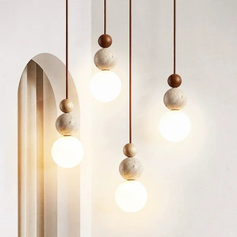 Ceiling Light Hanging Pendant Globe Frosted Glass Travertine Wood Spherical Minimalist - Image 1