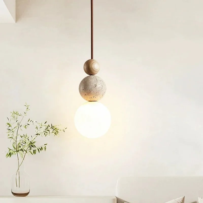 Ceiling Light Hanging Pendant Globe Frosted Glass Travertine Wood Spherical Minimalist - Image 2