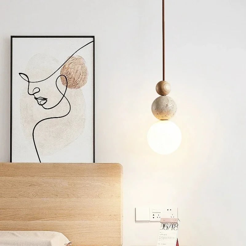 Ceiling Light Hanging Pendant Globe Frosted Glass Travertine Wood Spherical Minimalist - Image 3