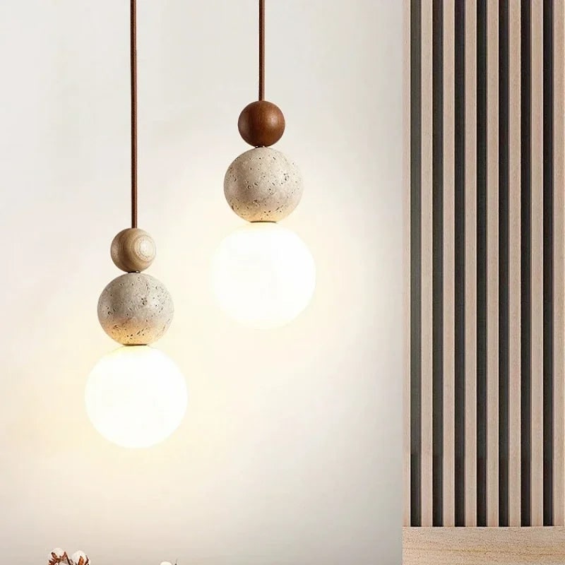 Ceiling Light Hanging Pendant Globe Frosted Glass Travertine Wood Spherical Minimalist - Image 4