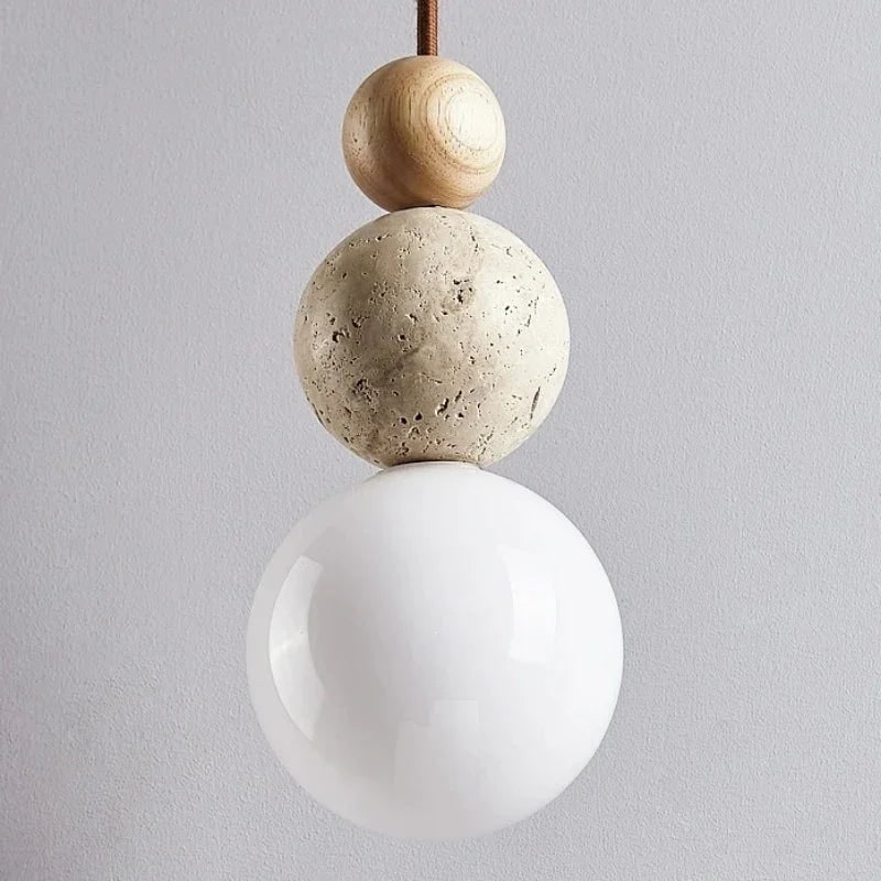 Ceiling Light Hanging Pendant Globe Frosted Glass Travertine Wood Spherical Minimalist - Image 5