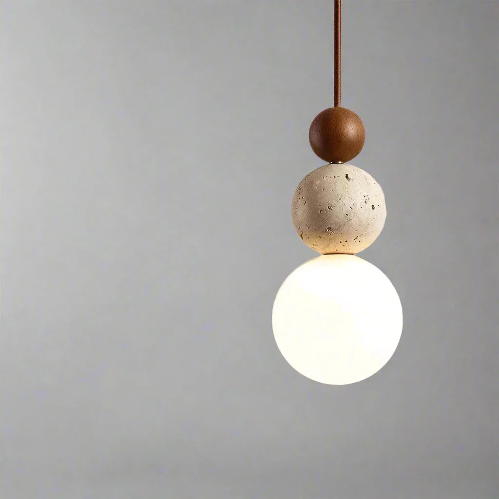 Ceiling Light Hanging Pendant Globe Frosted Glass Travertine Wood Spherical Minimalist - Image 6