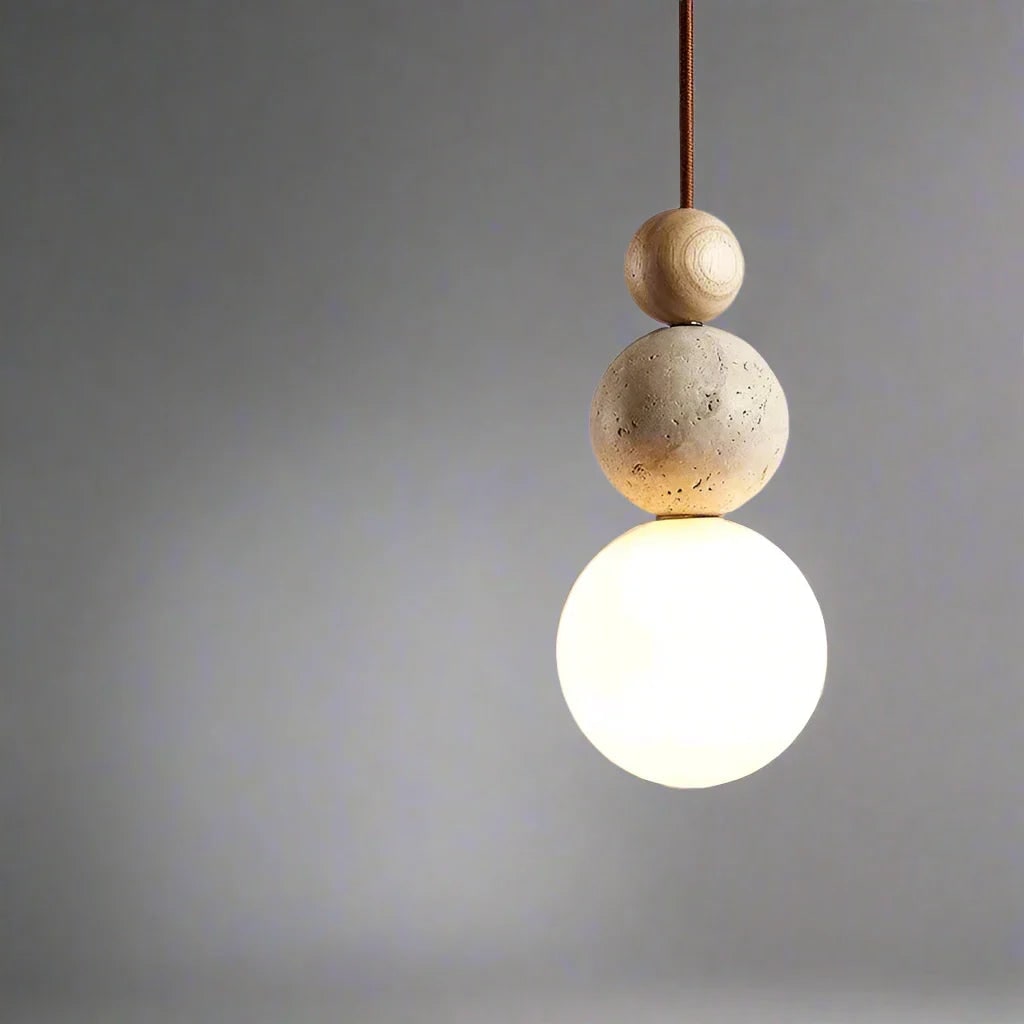 Ceiling Light Hanging Pendant Globe Frosted Glass Travertine Wood Spherical Minimalist - Image 7