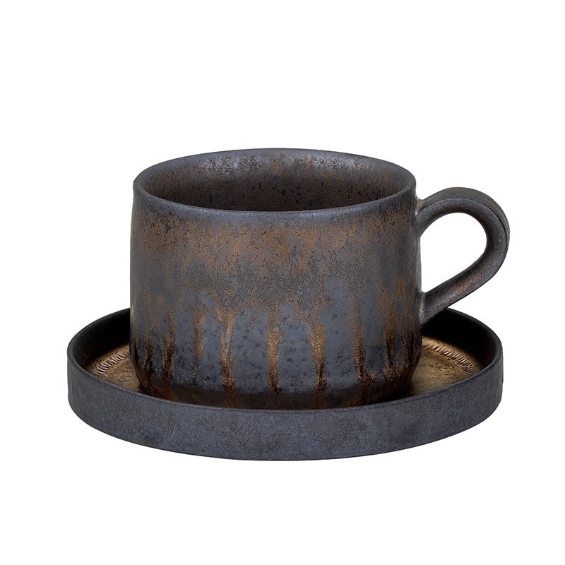Ceramic Reusable Iced Coffee Cup with Saucer Handmade Stoneware Metallic Glaze Drip Finish - Image 2