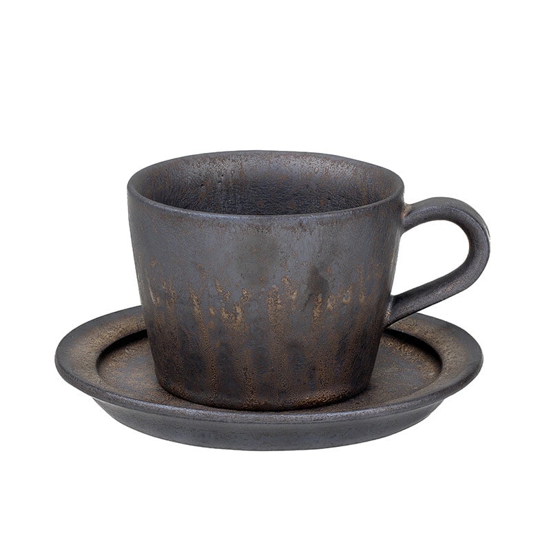 Ceramic Reusable Iced Coffee Cup with Saucer Handmade Stoneware Metallic Glaze Drip Finish - Image 3