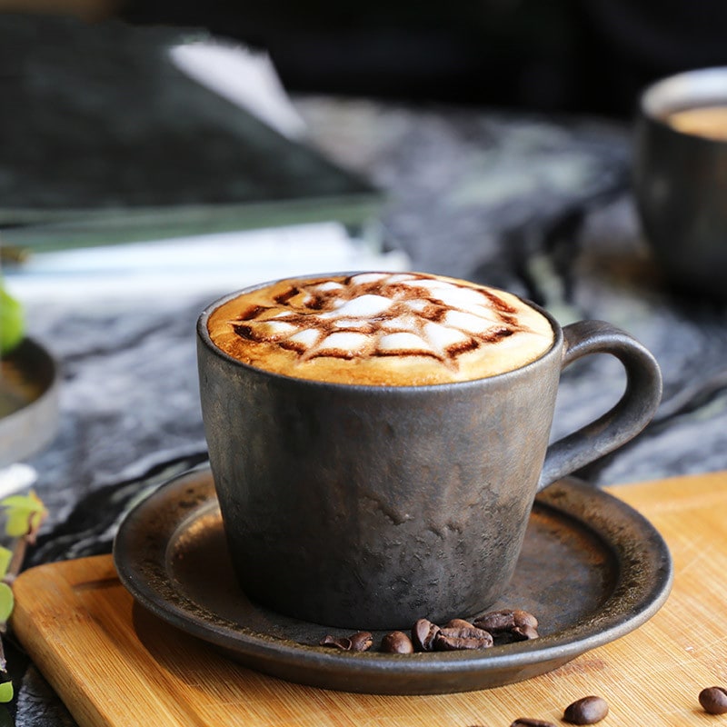 Ceramic Reusable Iced Coffee Cup with Saucer Handmade Stoneware Metallic Glaze Drip Finish - Image 4