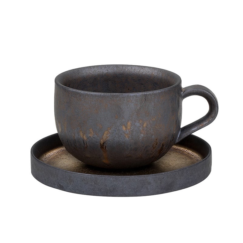 Ceramic Reusable Iced Coffee Cup with Saucer Handmade Stoneware Metallic Glaze Drip Finish - Image 5