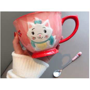 Ceramic Soup Mug with Stainless Steel Spoon Microwave Safe Pedestal Bowl Handle Travel - Image 3