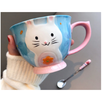 Ceramic Soup Mug with Stainless Steel Spoon Microwave Safe Pedestal Bowl Handle Travel - Image 5