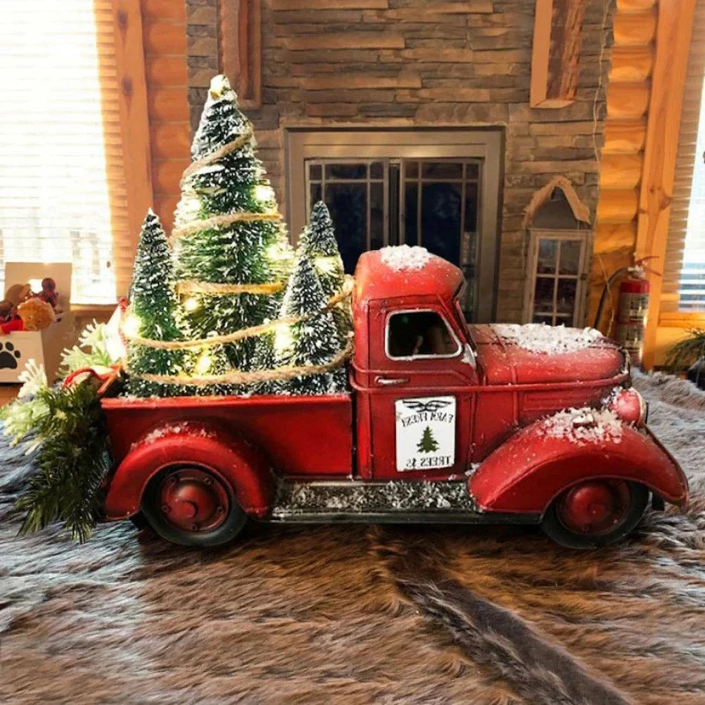 Christmas Decoration Red Truck with Bottle Brush Trees and LED Lights Tabletop - Image 2