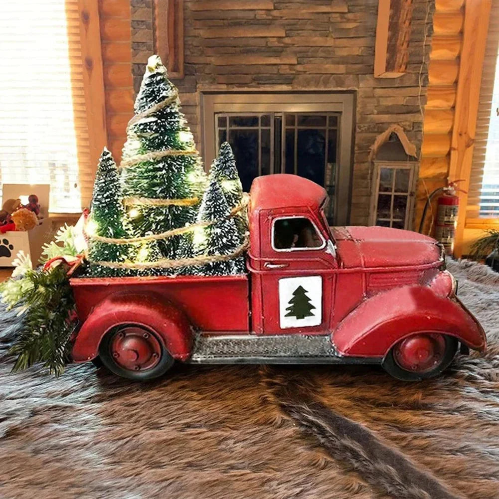 Christmas Decoration Red Truck with Bottle Brush Trees and LED Lights Tabletop - Image 7