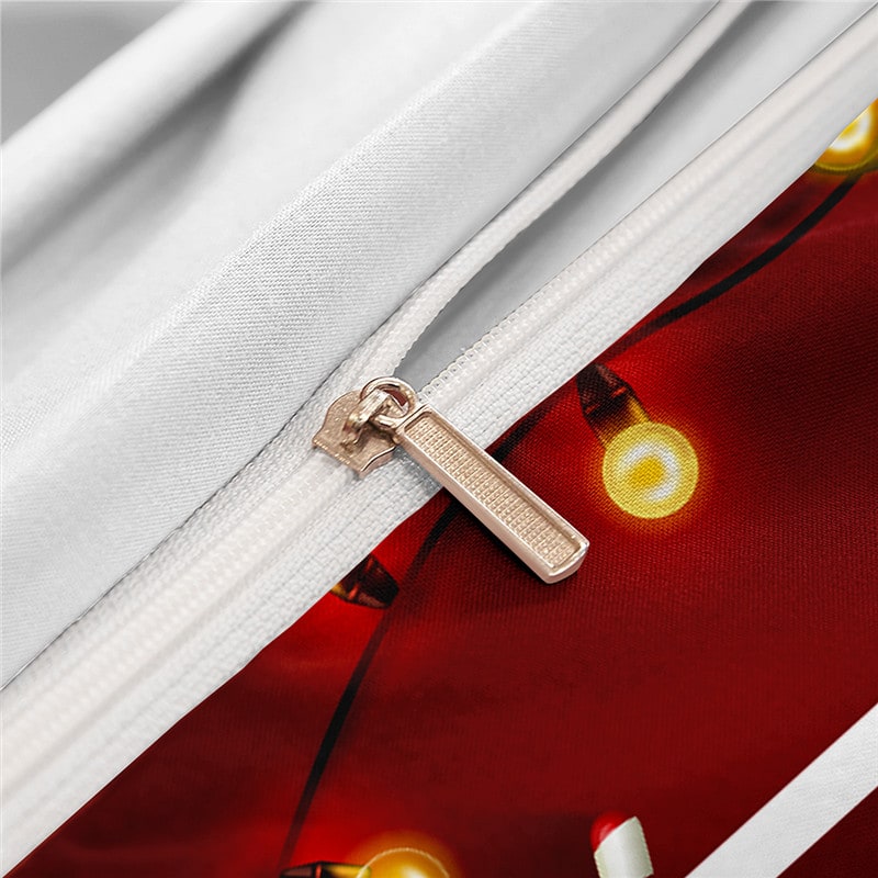 Christmas Duvet Cover Set with Poinsettia and String Lights Print Three-Piece Holiday Bedding - Image 1